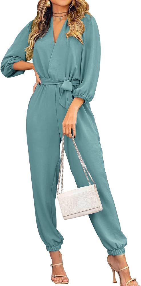 PRETTYGARDEN Women's 2024 Fall Jumpsuits Casual Dressy One Piece Outfits V Neck Long Sleeve Belt ... | Amazon (US)