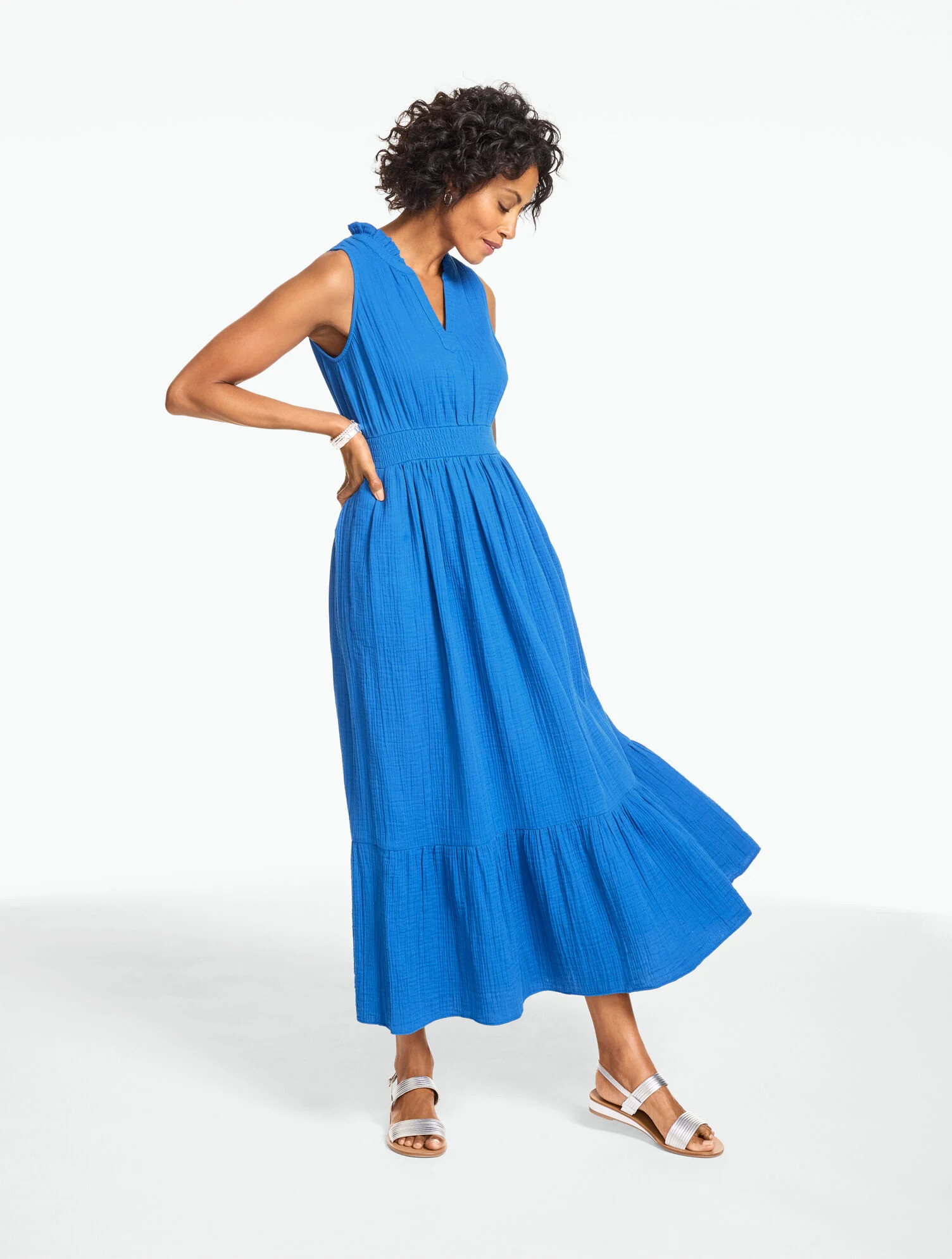 Sleeveless Smocked Waist Gauze Dress | Talbots