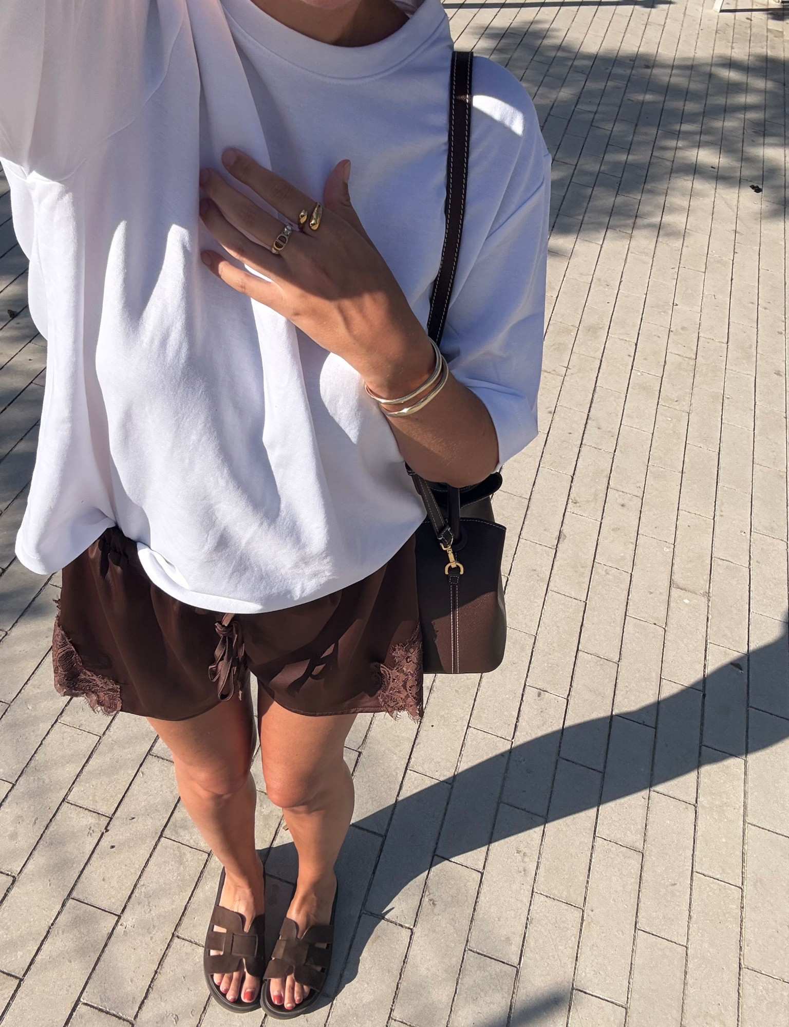 SUMMER FIT❤️‍🔥
Tags: H&M Hermes dupes sandals flats sliders flip flops lace shorts brown trim hem noughts kisses cos boxy tshirt Elleme caviar brown bag bracelets long gold necklace mango vacation holiday golden hour style Barcelona Ibiza Dubai cool girl

#LTKsummer #LTKstyletip