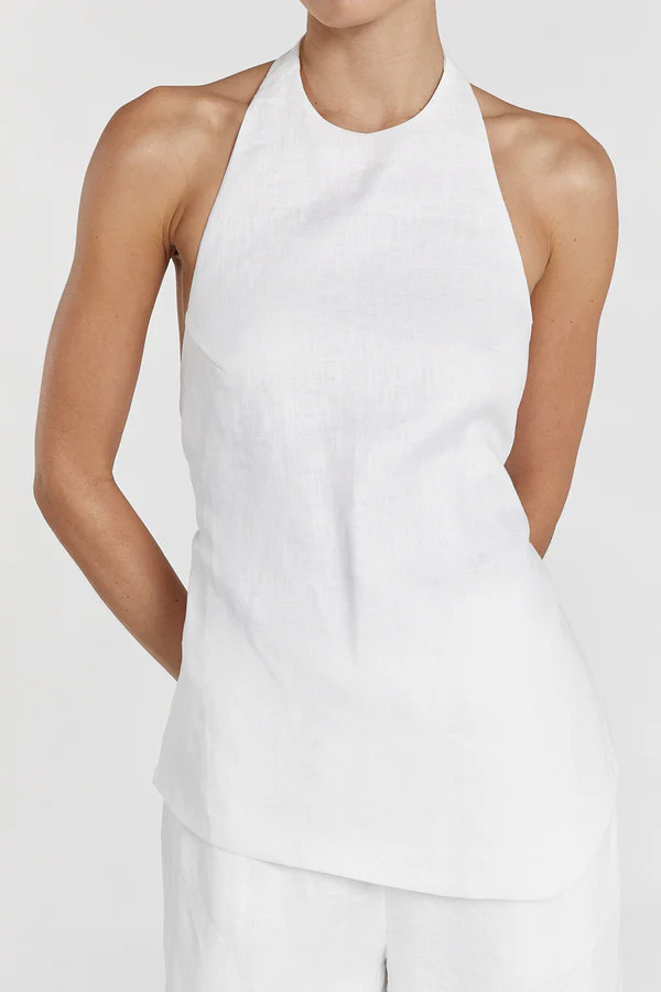 SERENA WHITE LINEN ASYM HALTER TOP | DISSH