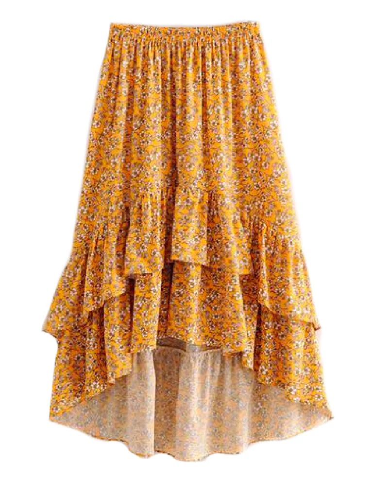 'Inna' Yellow Floral Print Softly Pleated Dual Ruffle Midi Skirt | Goodnight Macaroon