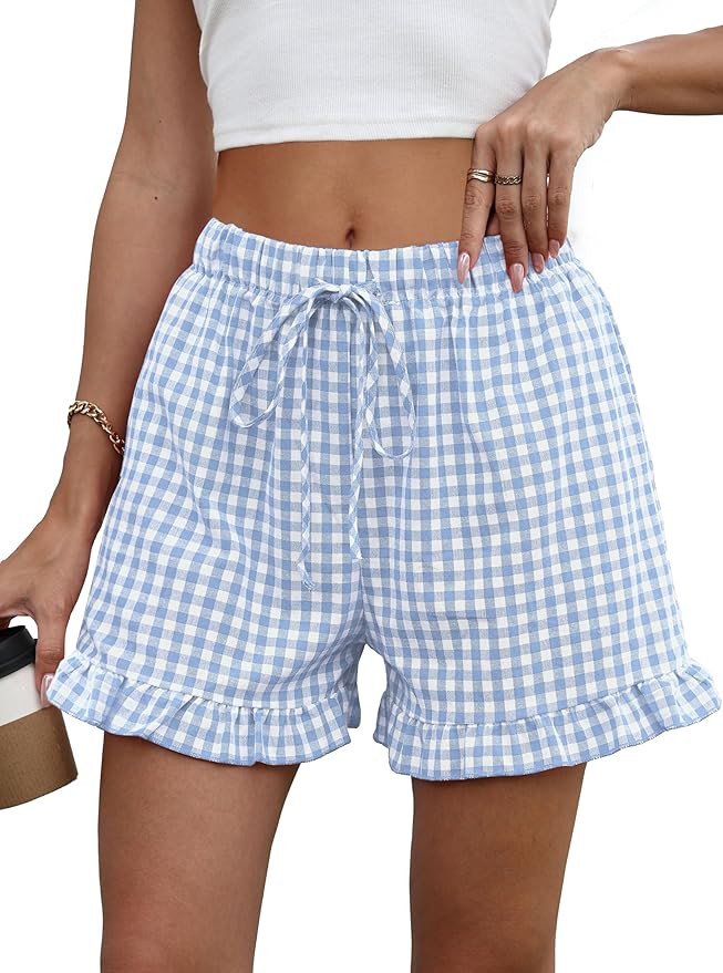 Womens Ruffle Boxer Shorts Cotton Pajama Gingham Summer Lounge Sleep Plaid Y2K Beach Casual Botto... | Amazon (US)