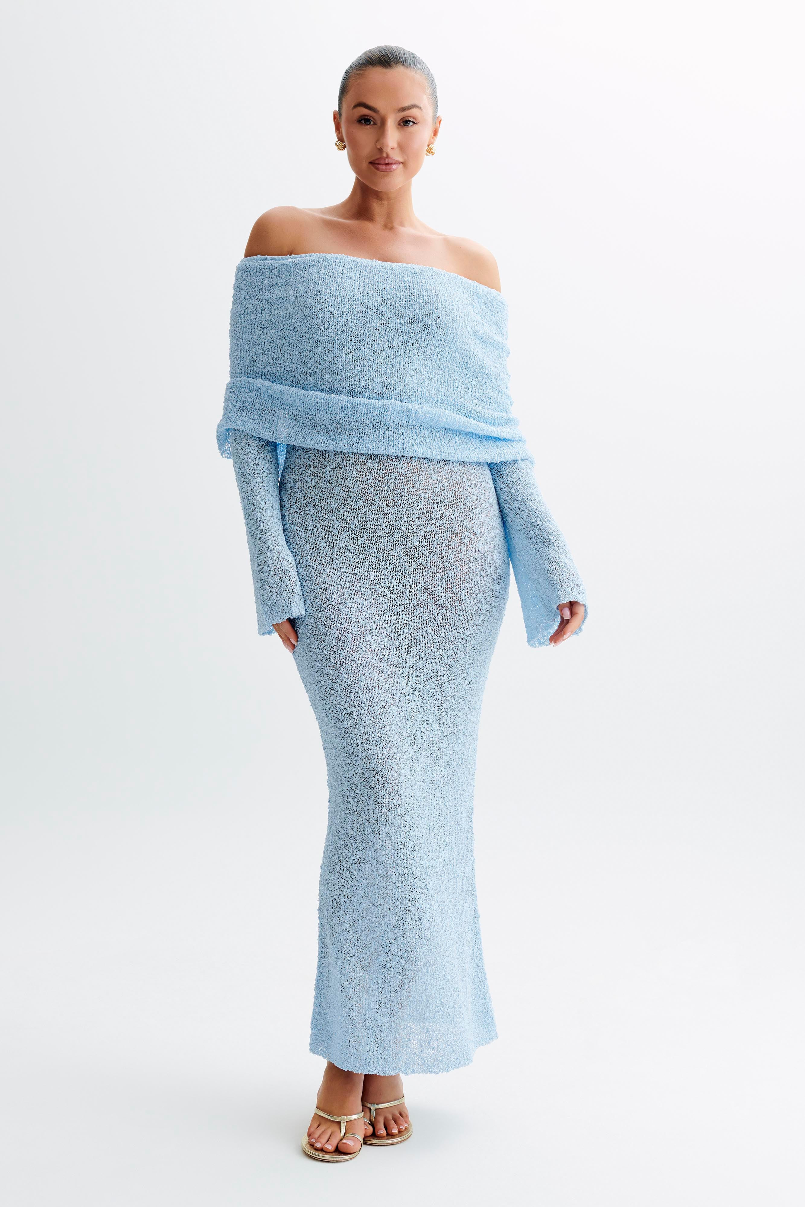 Marisol Off Shoulder Boucle Maxi Dress - Light Blue | MESHKI US
