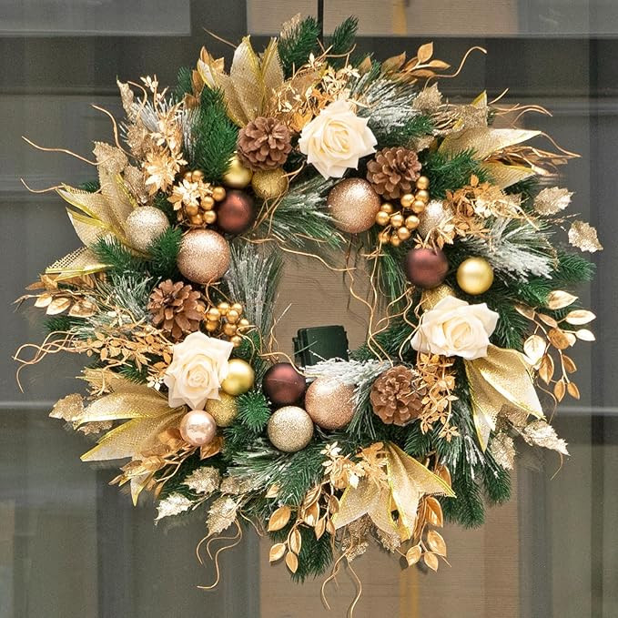 Christmas Wreaths for Front Door with Lights Pre-Lit, Soomeir 24“ Champagne Gold Door Wreath wi... | Amazon (US)