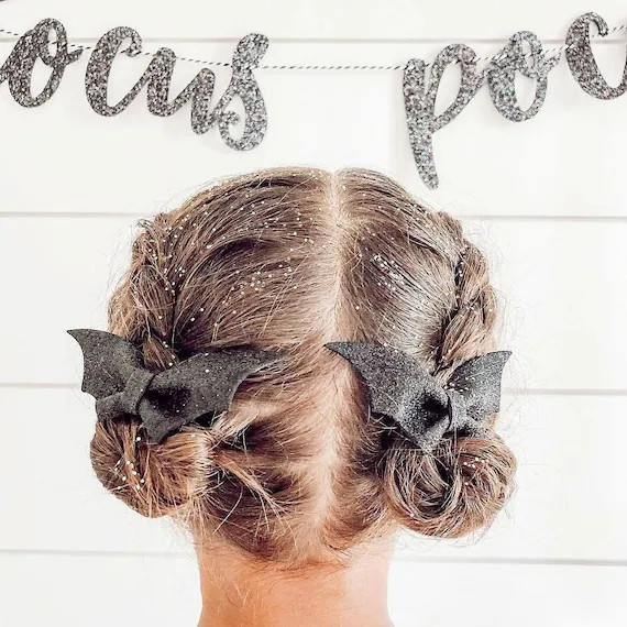 Black Sparkle Bat Bows | girl bows | pigtail bows | black glitter bow | headband | non slip clip ... | Etsy (US)