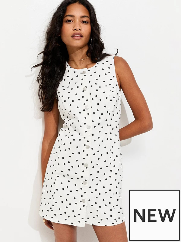 New Look Polka Dot Denim Mini Dress - White | Very (UK)