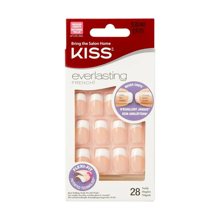 KISS Everlasting French, Press On Nails, Infinite, White, Medium Squoval, 28 Count | Walmart (US)