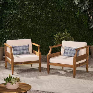 Noble House Aston Teak Brown Removable Cushions Wood Outdoor Lounge Chair with Cream Cushion (2-P... | The Home Depot