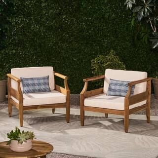 Noble House Aston Teak Brown Removable Cushions Wood Outdoor Lounge Chair with Cream Cushion (2-P... | The Home Depot