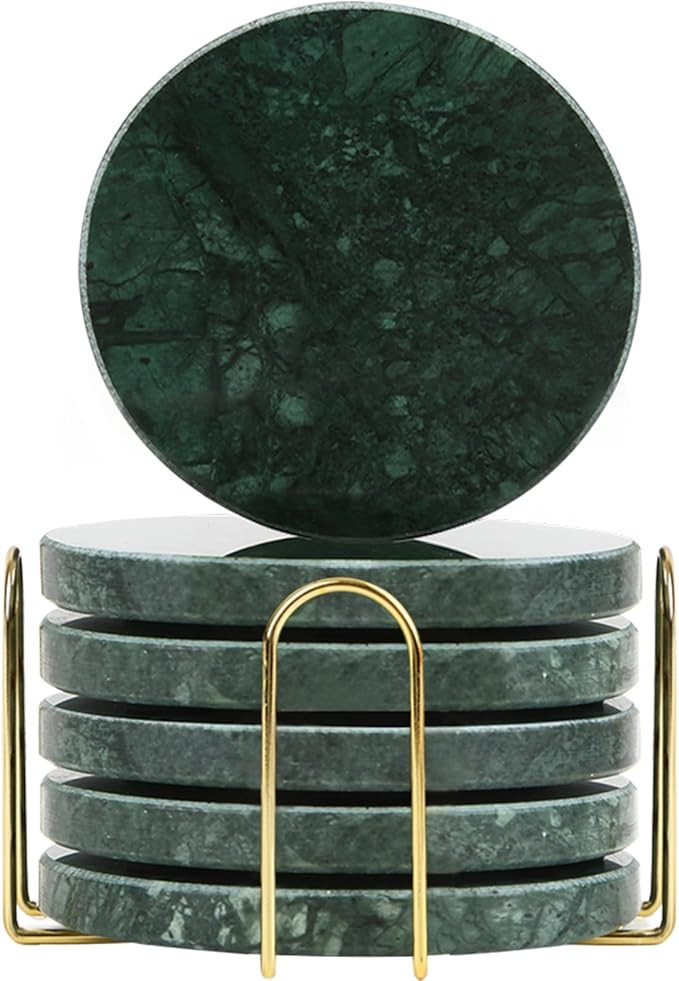 Marble Coasters Set of 6pcs for Drinks with Metal Stand for High-End Lifestyle (Round, Emerald Gr... | Amazon (US)