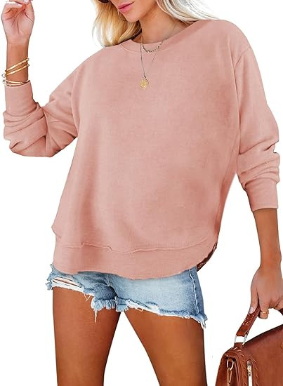 EVALESS Sweatshirt for Women Crewneck Long Sleeve Side Split Tops Casual Solid Color Loose Pullov... | Amazon (US)