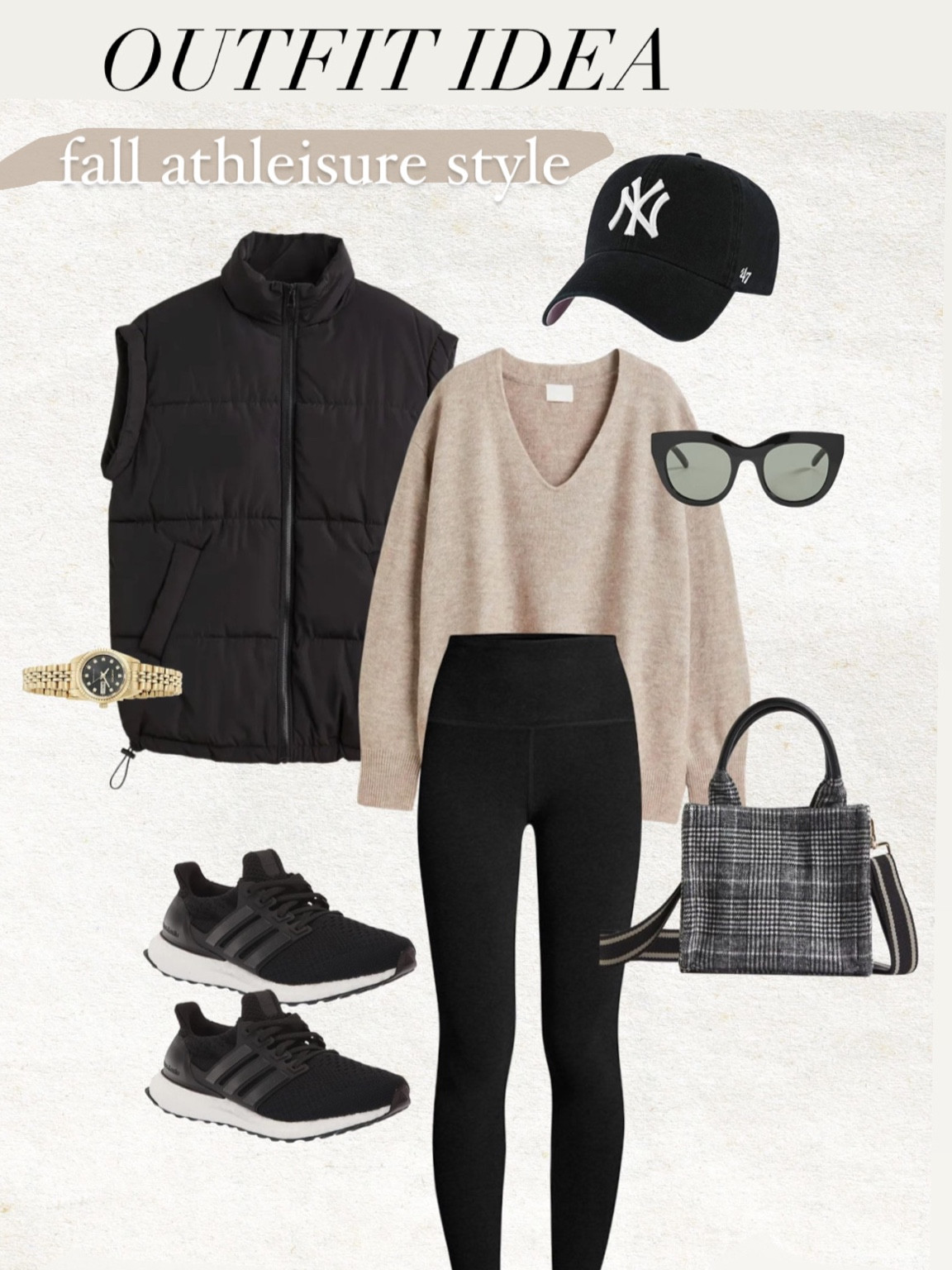 Outfit idea - athleisure style for fall 🖤 

Fall style; fall outfit; athleisure outfit; neutral outfit; black puffer vest; tan sweater; H&M; adidas ultraboost; beyond yoga; black leggings; mom style; errand style 

#LTKstyletip #LTKunder100 #LTKunder50