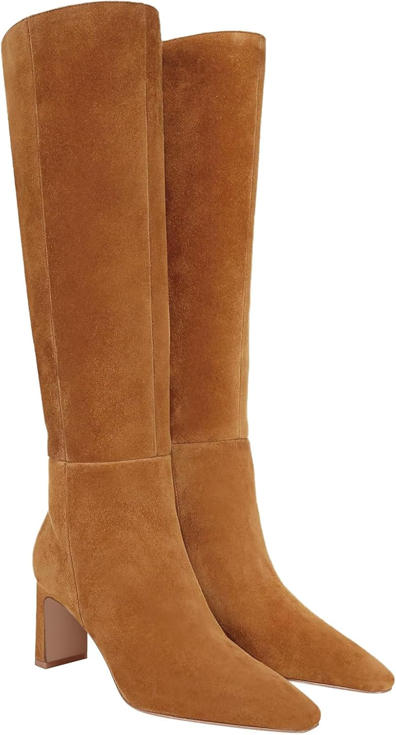 Coutgo Womens Knee High Boots Closed Pointed Toe Chunky Heel Tall Boots Side Zipper Fall Dress Boot Shoes | Amazon (US)