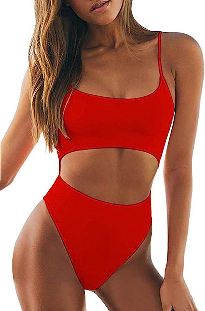 Sheshow Womens One Piece Swimsuit Scoop Neck Cut Out Lace Up Back High Cut Monokini Swimwear | Amazon (US)