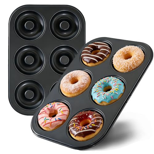 YOVLOSIN 2 Pack Nonstick Donut Baking Pans, 6 Cavity Easy Steel Clean Doughnut, Oven Safe Heat Resistant, Reusable Bakeware for Making Donuts Bagels Homemade Desserts (Black, 6 Cup) | Amazon (US)