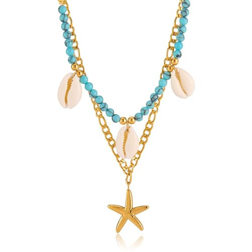 HDKXBEJ Gold Starfish Layered Necklaces for Women Summer Sea Shell Charm Necklace Unique Stainless Steels Pendant Ocean Necklace Fashion Aesthetic Beach Jewelry Gifts | Amazon (US)