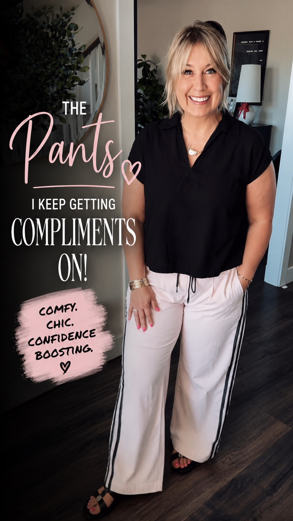 These are the pants I get asked about every single time I wear them 🤍

The perfect mix of comfy and chic, with just enough detail to elevate an everyday outfit. I paired them with a simple black top, gold jewelry, and sandals for an effortless look that works for errands, lunch dates, or travel days.
-

midsize fashion over 50, size 14 outfit inspiration, wide-leg pants outfit, striped side pants, casual chic outfit, comfortable travel outfit, elevated basics, everyday midsize style, affordable fashion finds, black top and white pants outfit, summer outfit ideas for women over 50, effortless style for women over 50, casual Walmart fashion, comfortable wide-leg trousers, midlife fashion inspiration