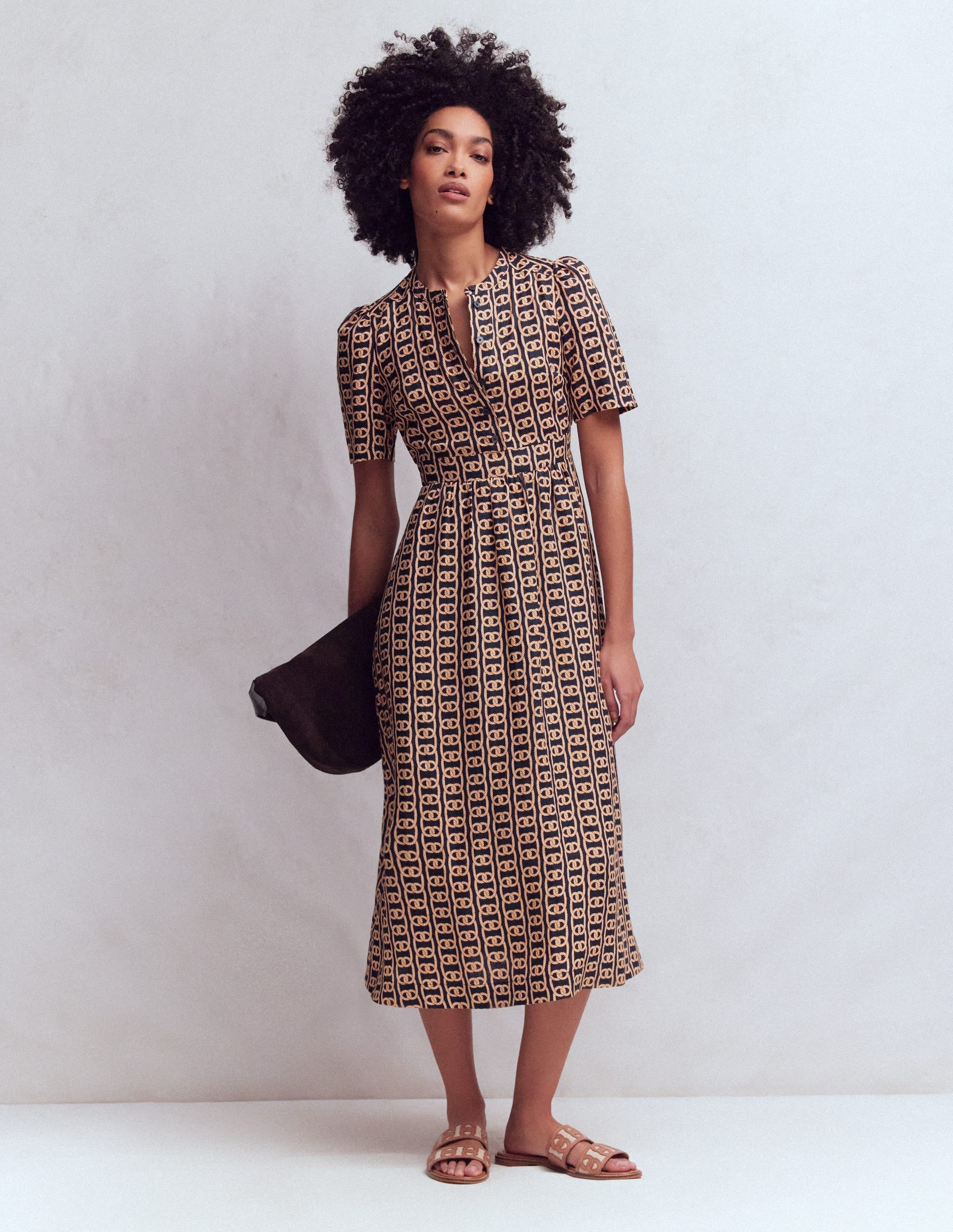 Ivy Button Linen Midi Dress-French Navy, Rope Trellis | Boden (US)