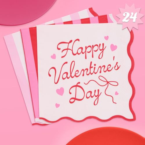 xo, Fetti Happy Valentine's Day Napkins - 3-ply, 24 pcs | Wavy Vday Cocktail Napkins, Pink Galentine's Dinner Party Setting, Heart Theme Decoration, Be Mine Tablescape, | Amazon (US)