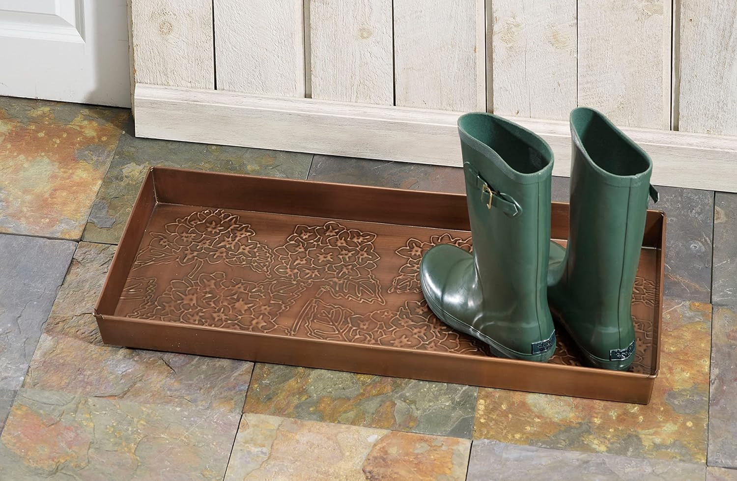 HF by LT Mophead Hydrangea Pattern Metal Boot-Tray, 30 x 13 inches, Antique Copper | Amazon (US)