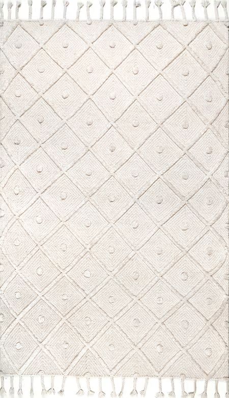 Ivory Diamond Textured Trellis Tassel 10' x 14' Area Rug | Rugs USA