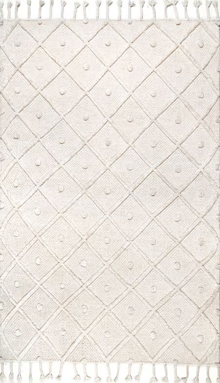 Ivory Diamond Textured Trellis Tassel Area Rug | Rugs USA