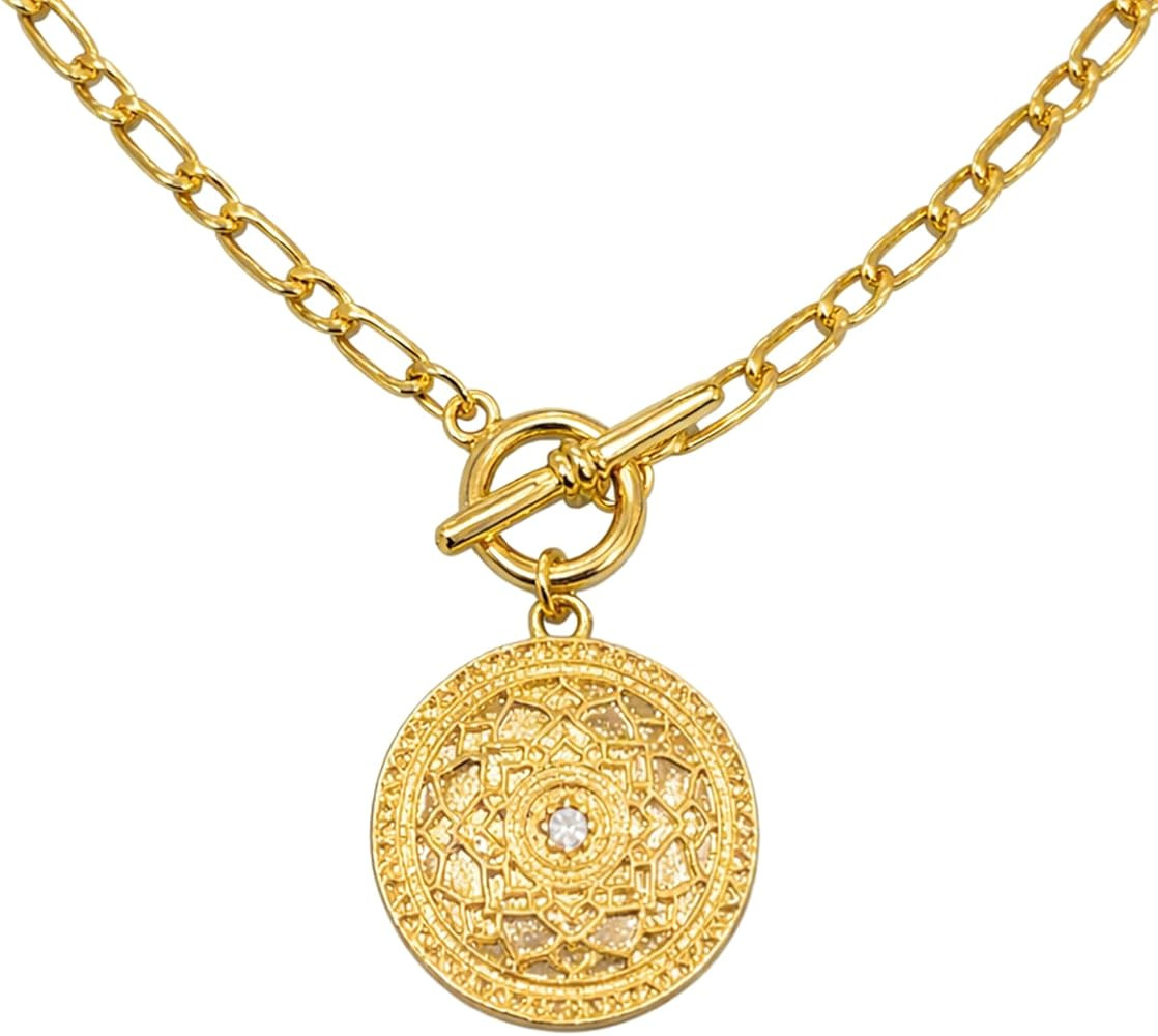 Coin Necklaces for Women, Gold Medallion Necklace Large Pendant with Chunky Chain Vintage Style J... | Amazon (US)