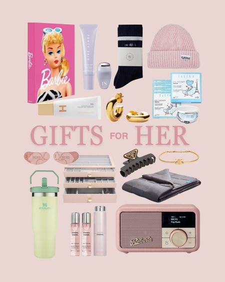 Christmas gift guide for her, gift ideas, eye patches, weighted blanket, jewellery box, vintage radio, Chanel fragrance, Stanley cup, socks, beanie, Assouline barbie book, Fenty skin, gold earrings, celine bracelet, skincare, make up. Holiday gift guide, Christmas gifts, gift ideas.

#LTKeurope #LTKGiftGuide #LTKHoliday