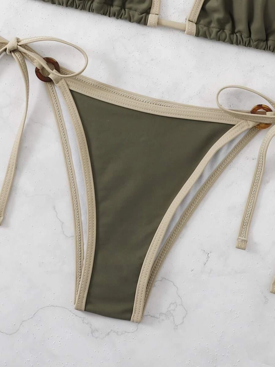 Mono Bikini Set Contrast Binding Ring Detail Halter Triangle Bra Top & Tie Side Bikini Bottom 2 P... | SHEIN