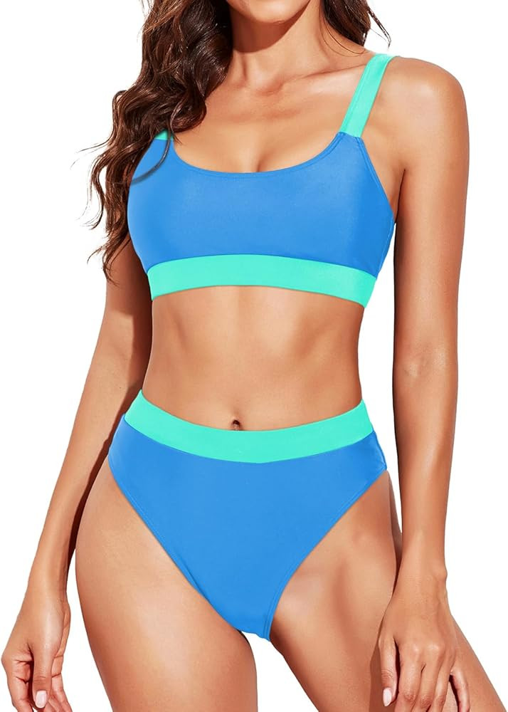 Tempt Me Women Two Piece High Waisted Bikini Swimsuits with Bottoms Teen Scoop Neck Sport Bathing... | Amazon (US)