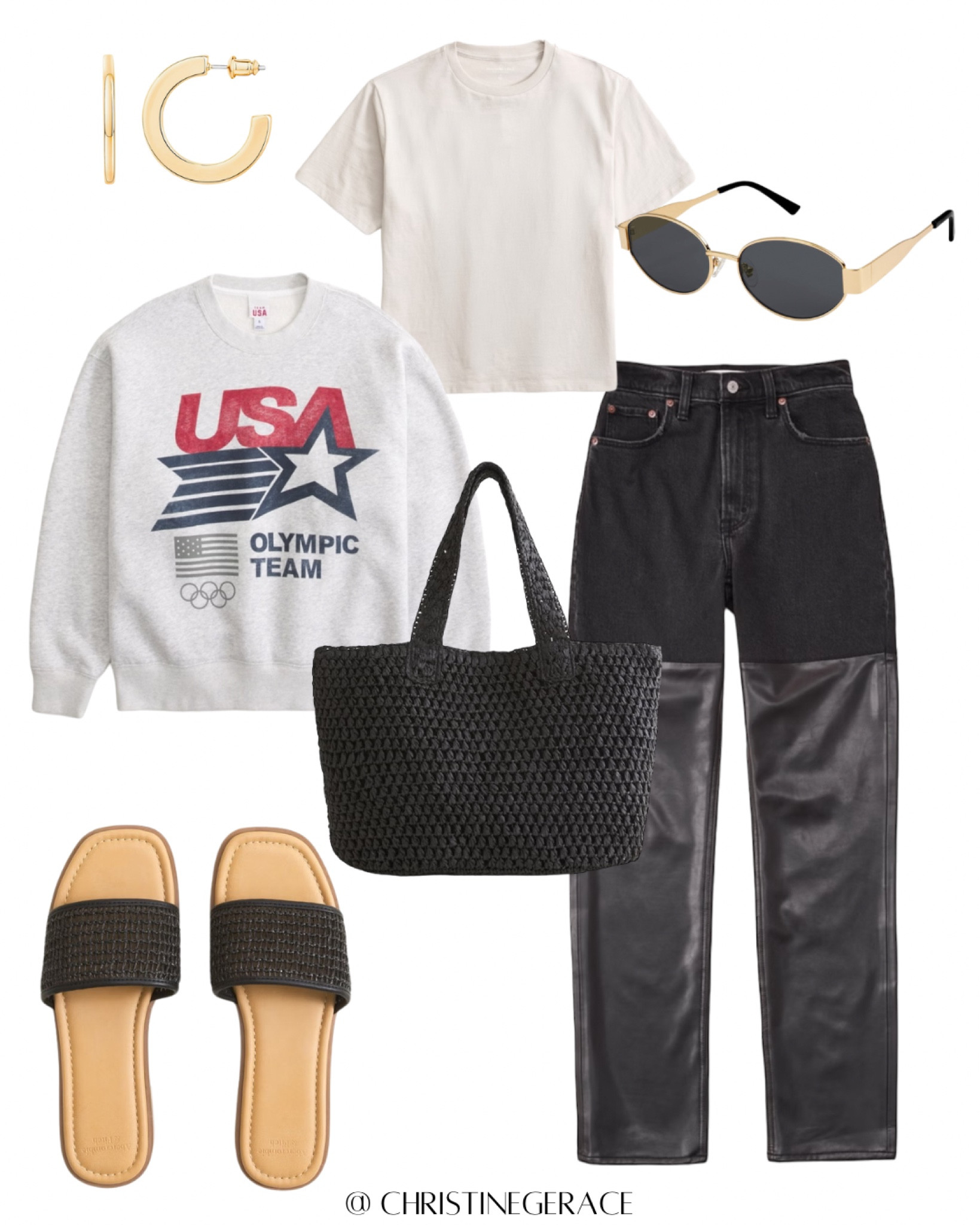 Abercrombie casual look 🤍🤍 linked below! 

T-shirt, black denim jeans, Olympics sweater, sandals, hoop earrings, sunglasses, tote bag 

#abercrombie #christinegerace

#LTKStyleTip #LTKFindsUnder100 #LTKFindsUnder50