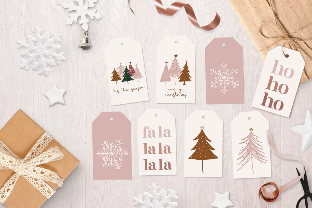 Boho Christmas Gift Tags Set of 8 Printable Holiday Gift Tags Modern Pink Christmas Hang Tags Chr... | Etsy (US)