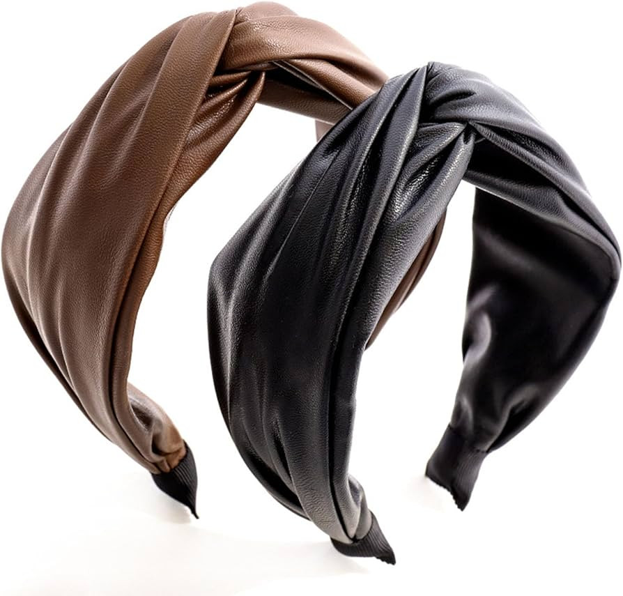 2 Pack Leather Knotted Headbands for Women PU Leather Cross Knotted Headband Twist Wide Hairband ... | Amazon (US)