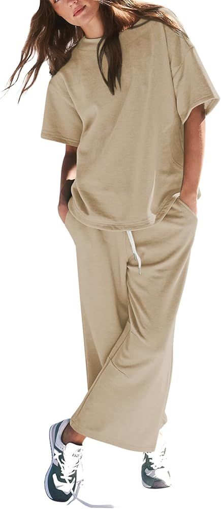 Fixmatti Women 2 Piece Outfit 2024 Summer Short Sleeve Crewneck Sweatshirt Matching Wide Leg Pant... | Amazon (US)