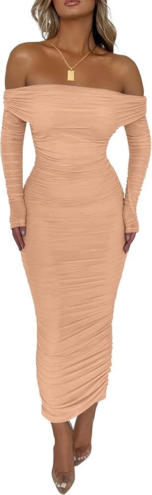 PRETTYGARDEN Women's Fall Off The Shoulder Maxi Dress Spring Long Sleeve Ruched Fitted Bodycon Cl... | Amazon (US)