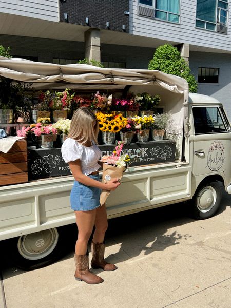 Revolve outfit white crop top with denim skort at the Amelia’s flower truck in Nashville TN in the gulch 

#LTKsalealert #LTKunder100 #LTKstyletip