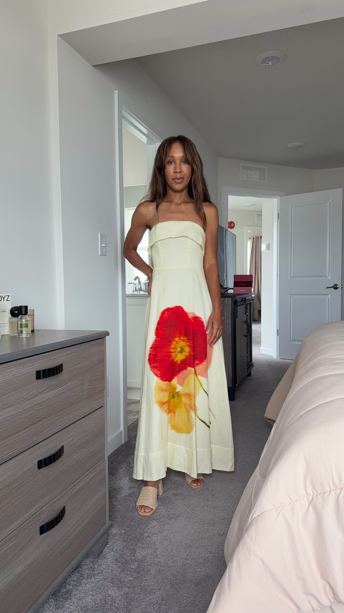 Floral strapless, wedding guest dress ￼

#LTKWedding #LTKPetite