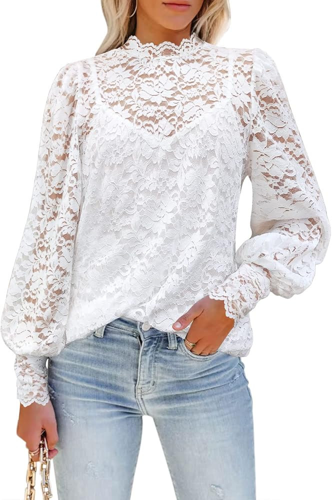 DOROSE Womens Lace Tops Dressy Casual Puff Short Sleeve Floral Summer Blouses Shirts | Amazon (US)