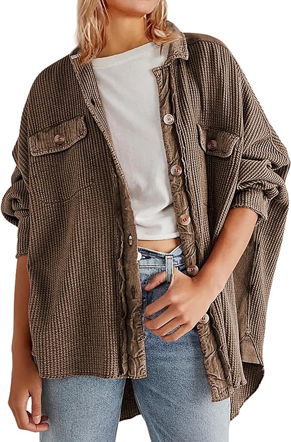 Dqbeng Women's Loose Boyfriend Waffle Knit Shacket Button Down Shirt Jacket | Amazon (US)