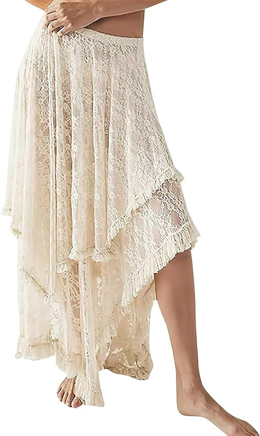 ROJZR Womens Lace Long Skirts Elastic High Low Asymmetrical Layered Hem Sexy See-Through Maxi Ski... | Amazon (US)