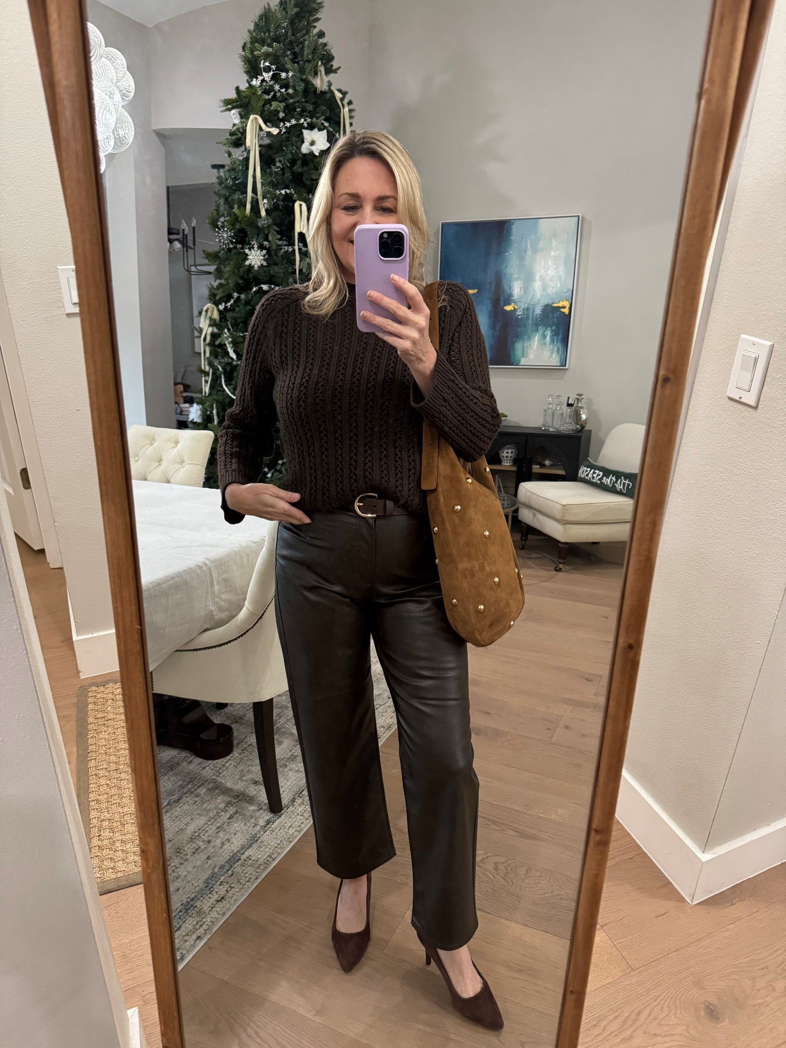 Winter outfit, suede bag, chocolate brown faux leather pants 

#LTKMidsize #LTKGiftGuide #LTKSeasonal