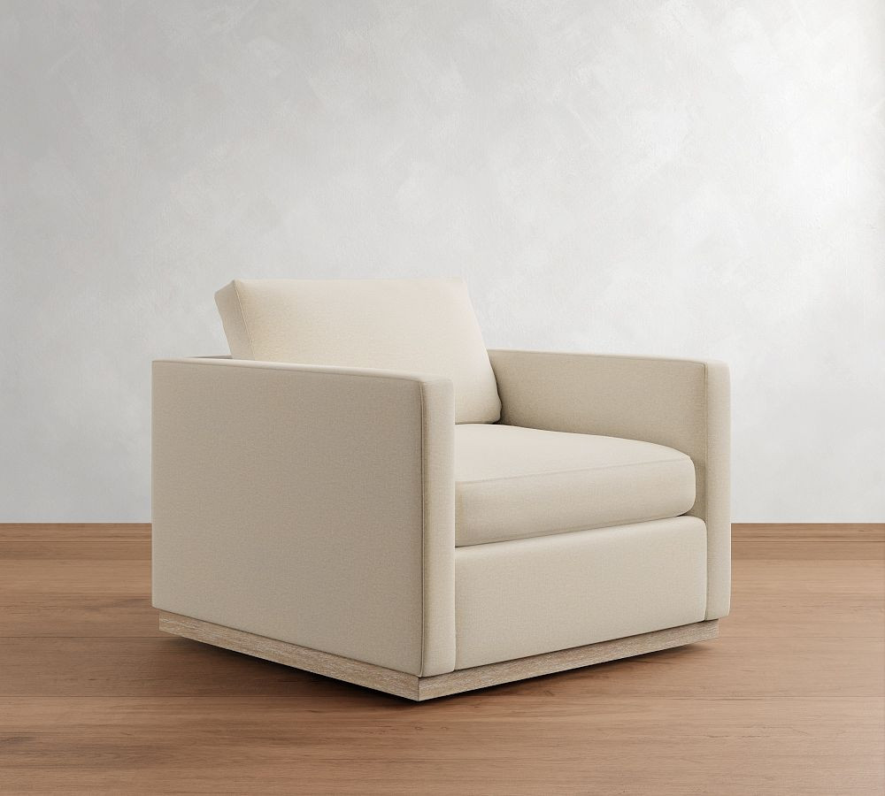 Jake Upholstered Swivel Armchair with Wood Base, Polyester Wrapped Cushions, Rustic Chenille Ivory | Pottery Barn (US)