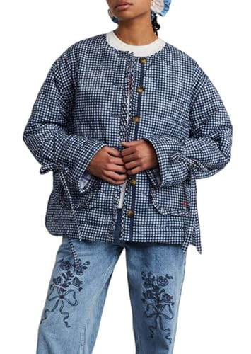 LifeShe Women Plaid Puffer Quilted Jacket Button Up Padded Coats Collarless Puffer Cardigan with Ruffled Trims | Amazon (US)