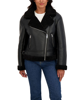 Sebby Collection Women's Assymetrical Moto Faux Shearling Jacket - Macy's | Macy's