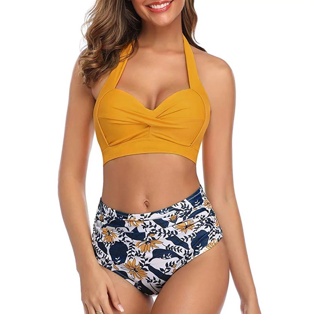 snorda Women Vintage Swimsuit Two Piece Retro Halter Ruched High Waist Print Bikini Set | Walmart (US)