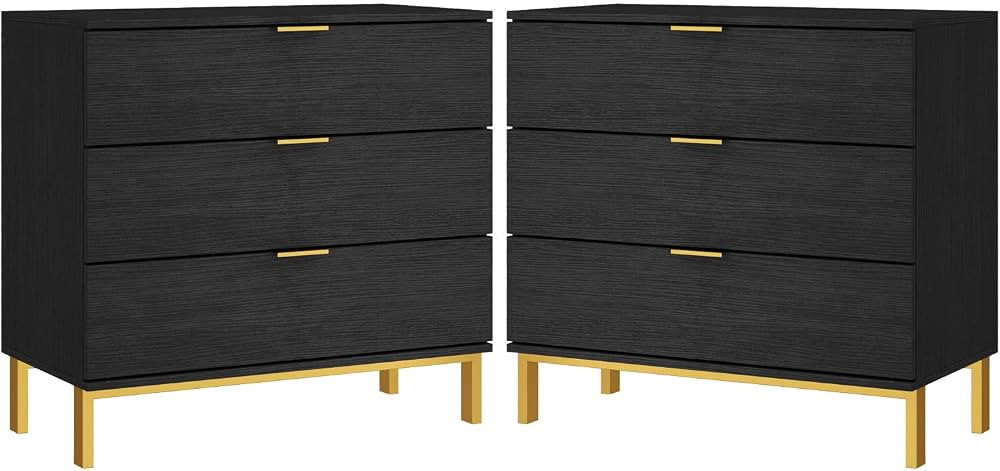 MOUMON Black and Gold Nightstands Set of 2 Side Table Bedside Table 3 Drawer Dresser, Large Night... | Amazon (US)