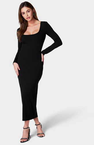 Bebe Women's Long Sleeve Square Neck Rib Maxi Dress - Macy's | Macy's