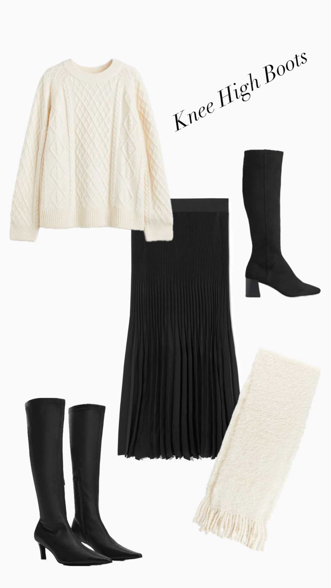 Pleated skirt Styling
Knee  high boots
Scarf 

#LTKstyletip #LTKover40 #LTKmidsize