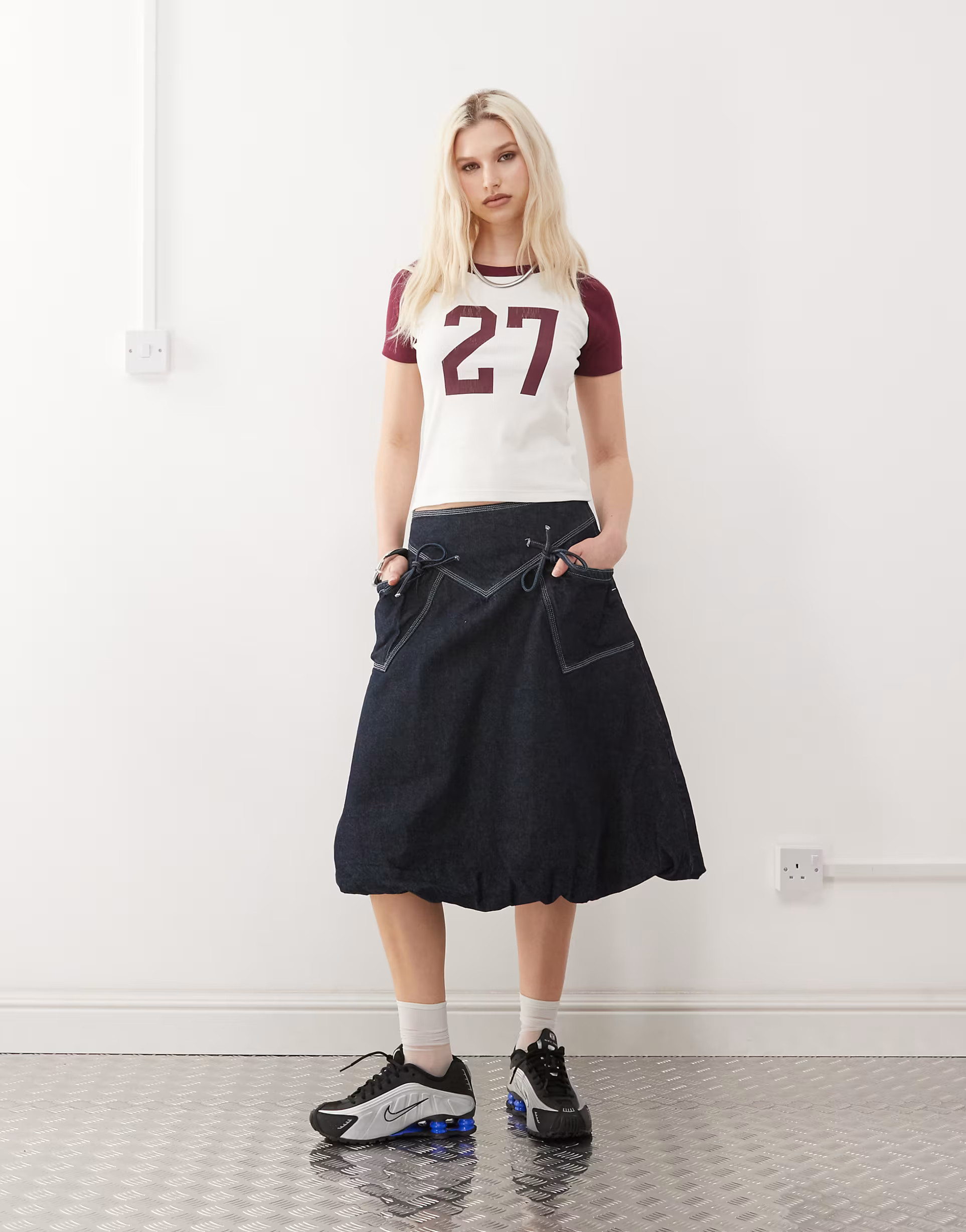 COLLUSION bubble hem midi skirt in rinse wash | ASOS (Global)