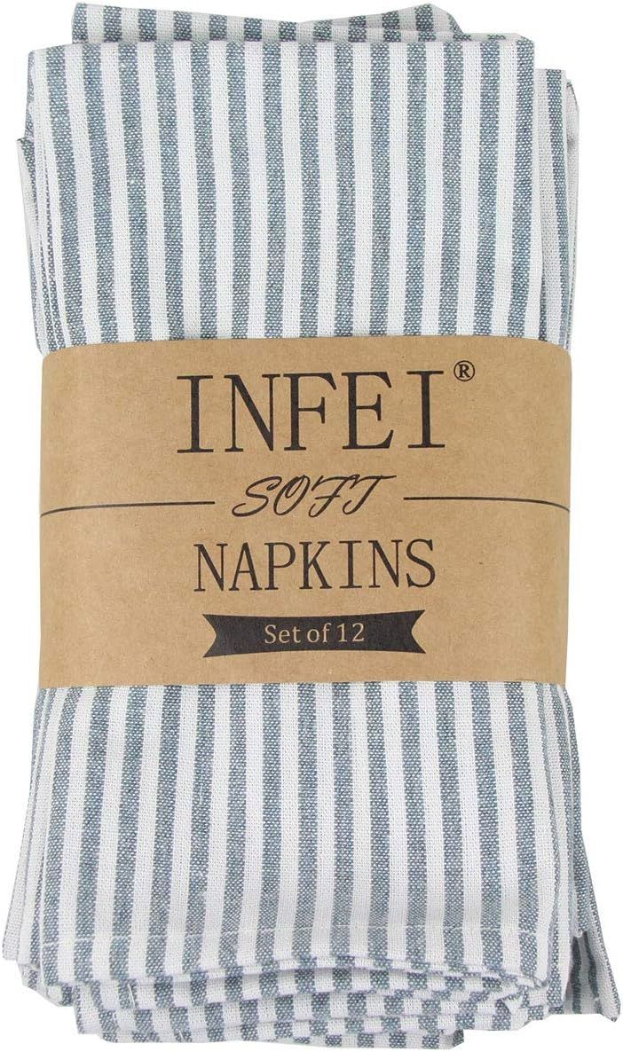 INFEI Soft Plain Striped Linen Cotton Dinner Cloth Napkins - Set of 12 (17 x 17 inches) - for Eve... | Amazon (US)